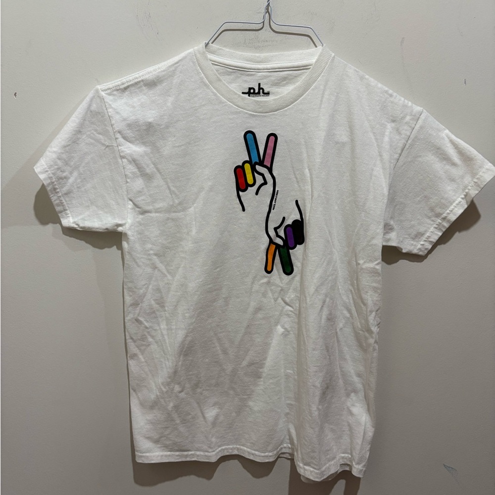 The Phluid Project White Cotton T-Shirt with peace sign hand design